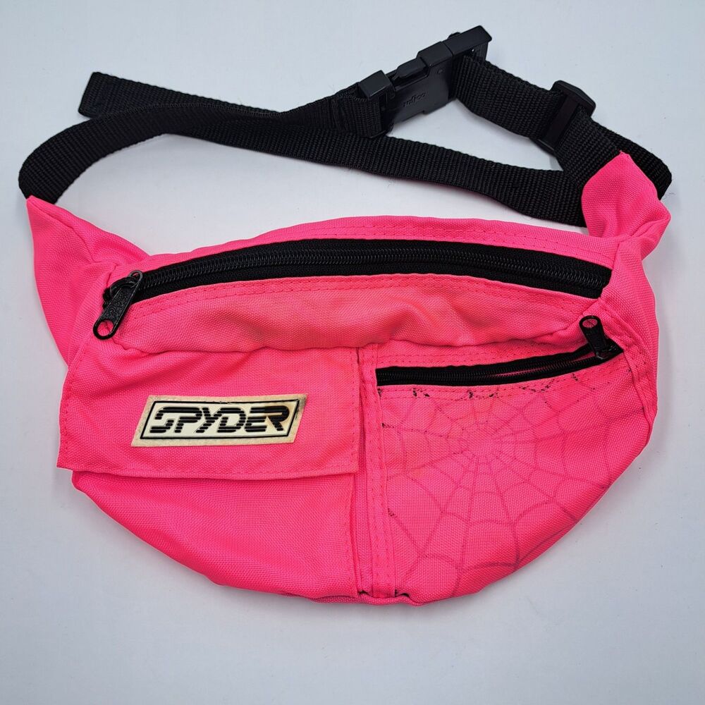 Vintage Spyder Fanny Pack Waist Bag Neon Pink Spiderweb Print 90s Ski Rave
